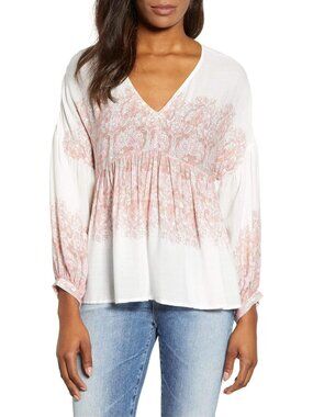 Lucky Brand Blouse Size Small Floral Paisley Long Sleeve White Pink Boho Cotton